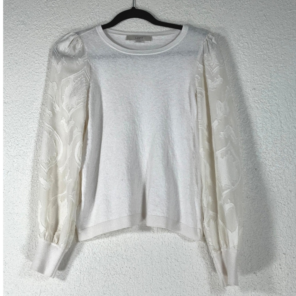 LOFT White Sheer Puff Sleeve Sweater - S - Burnout Floral Romantic Chic Boho